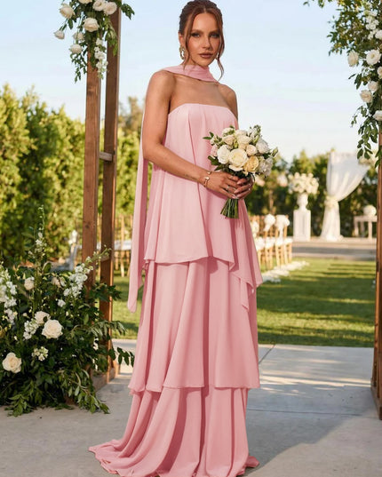 Chiffon Strapless Long Bridesmaid Dresses with Scarf
