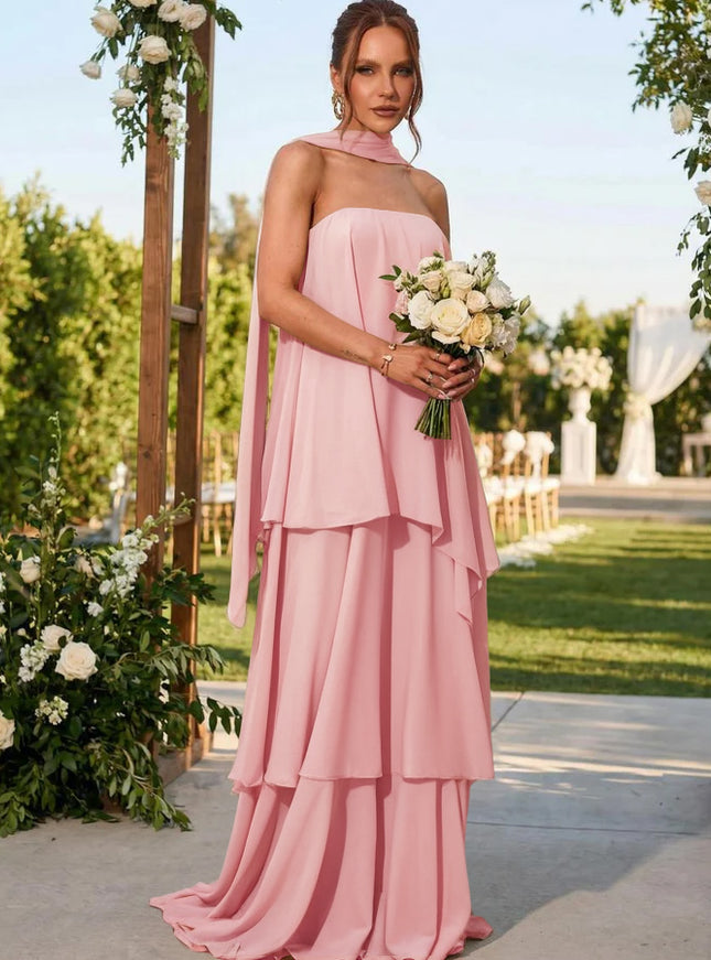 Chiffon Strapless Long Bridesmaid Dresses with Scarf