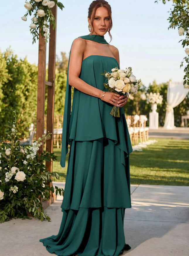 Chiffon Strapless Long Bridesmaid Dresses with Scarf