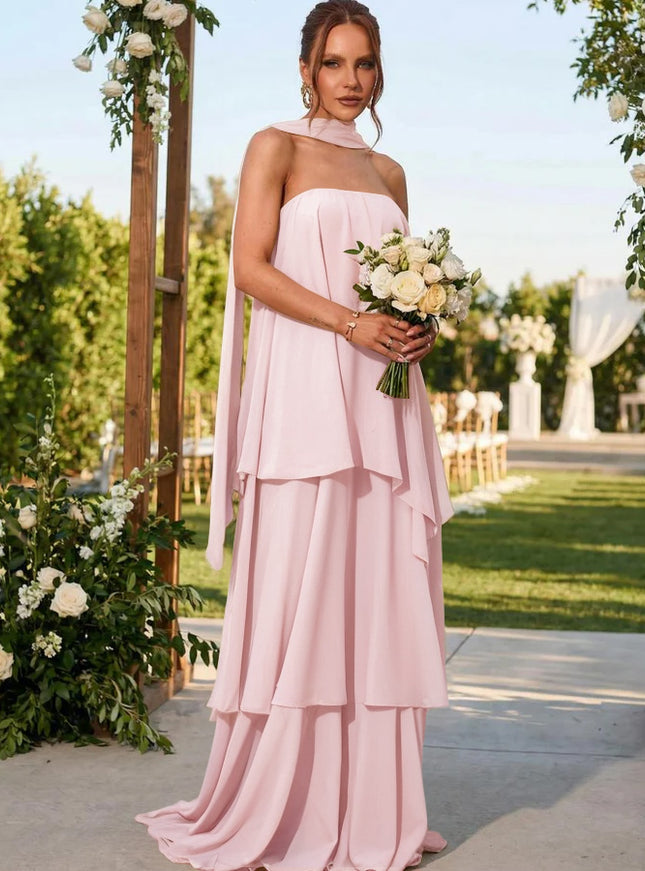 Chiffon Strapless Long Bridesmaid Dresses with Scarf