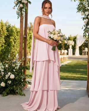 Chiffon Strapless Long Bridesmaid Dresses with Scarf