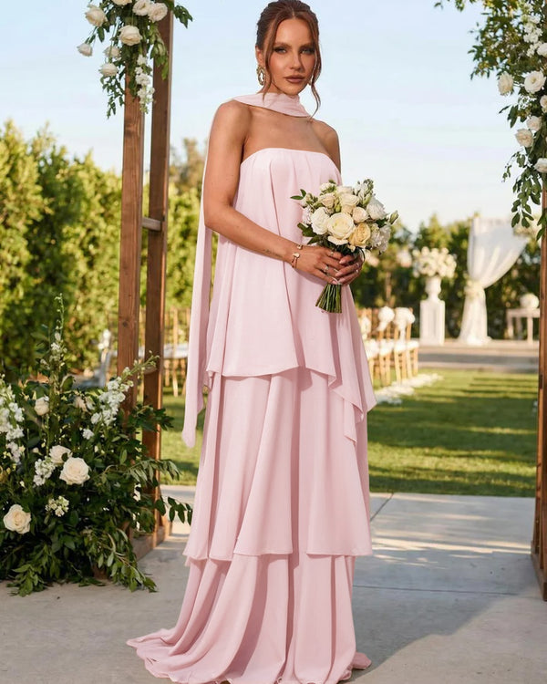 Chiffon Strapless Long Bridesmaid Dresses with Scarf