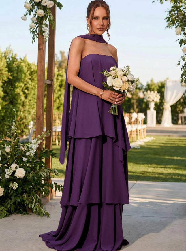 Chiffon Strapless Long Bridesmaid Dresses with Scarf