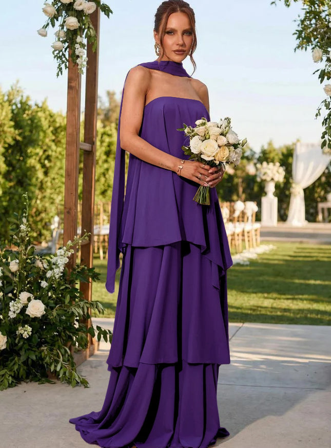 Chiffon Strapless Long Bridesmaid Dresses with Scarf