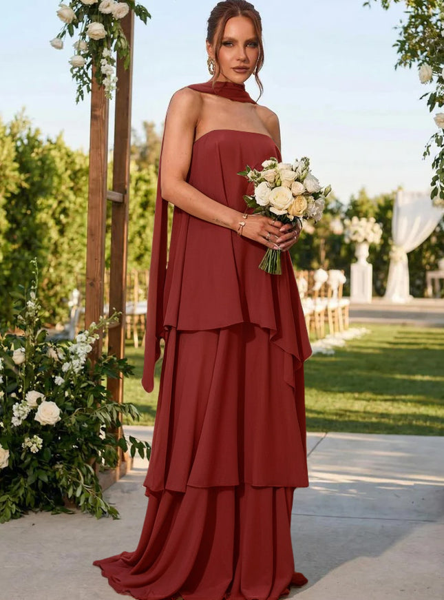 Chiffon Strapless Long Bridesmaid Dresses with Scarf