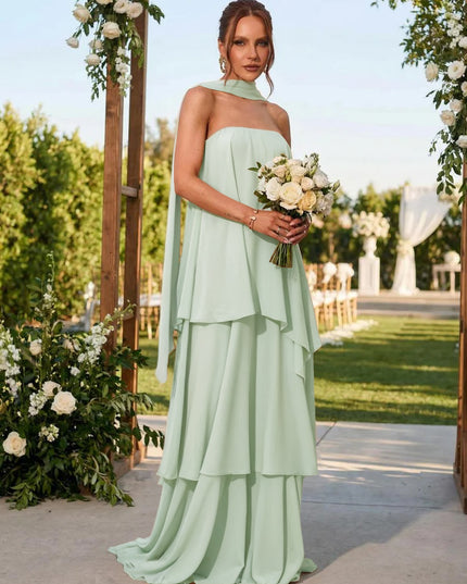 Chiffon Strapless Long Bridesmaid Dresses with Scarf