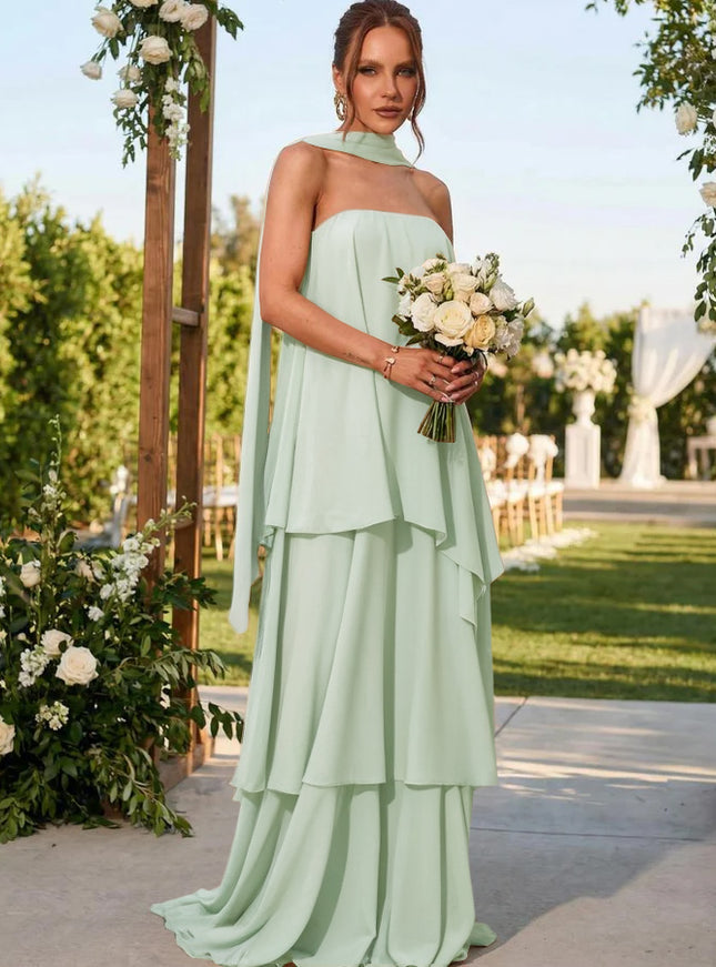 Chiffon Strapless Long Bridesmaid Dresses with Scarf