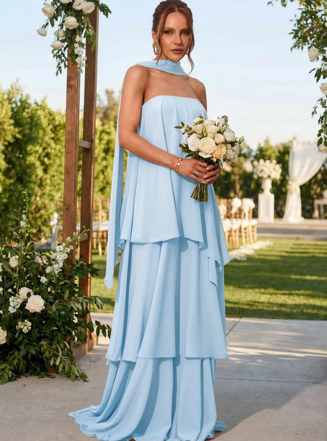 Chiffon Strapless Long Bridesmaid Dresses with Scarf