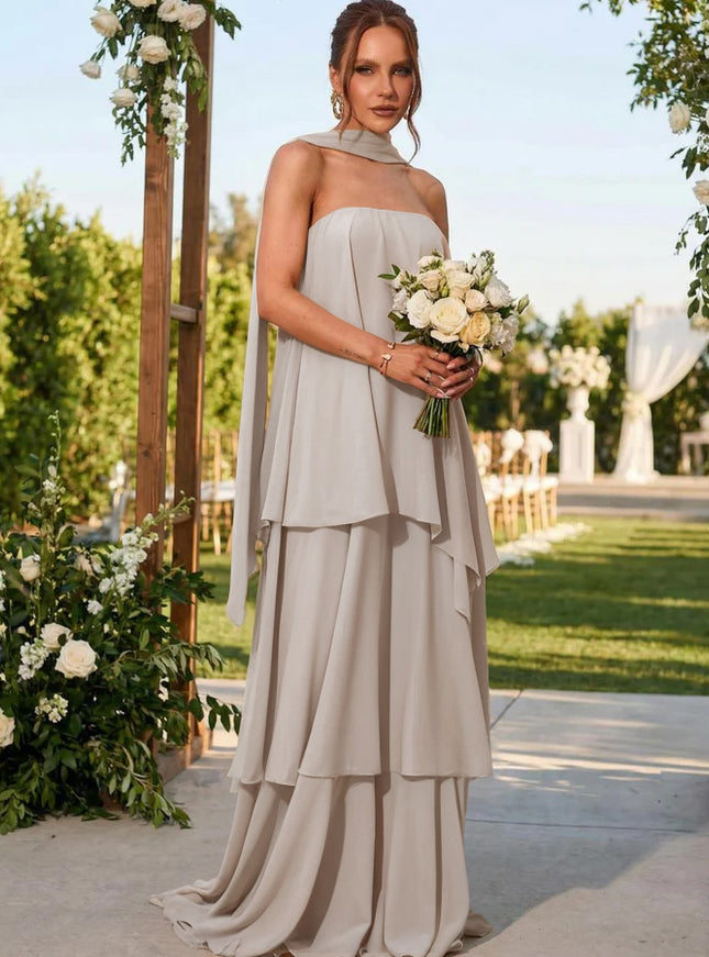 Chiffon Strapless Long Bridesmaid Dresses with Scarf