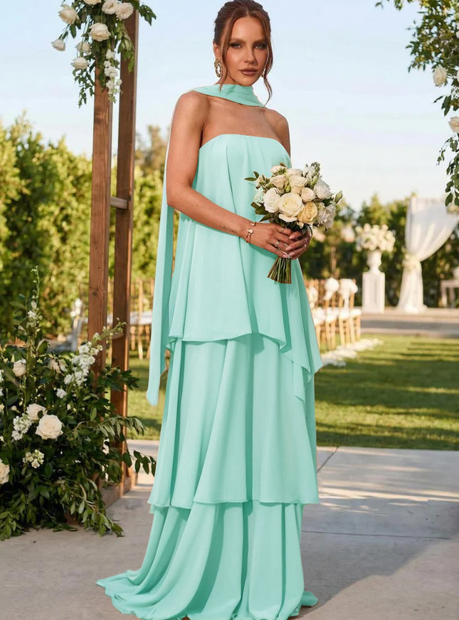 Chiffon Strapless Long Bridesmaid Dresses with Scarf