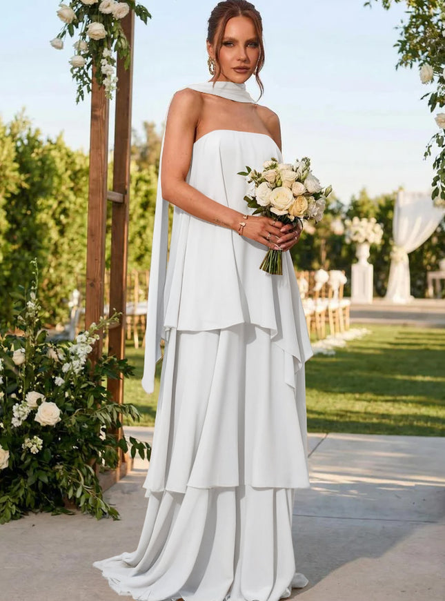 Chiffon Strapless Long Bridesmaid Dresses with Scarf
