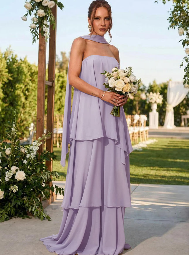 Chiffon Strapless Long Bridesmaid Dresses with Scarf