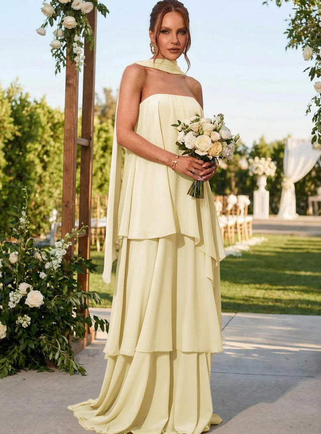 Chiffon Strapless Long Bridesmaid Dresses with Scarf