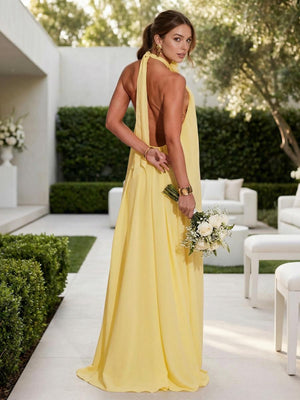 Chiffon Halter Long Backless Bridesmaid Dresses