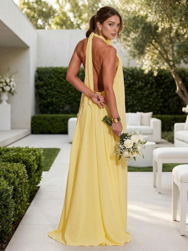 Chiffon Halter Long Backless Bridesmaid Dresses