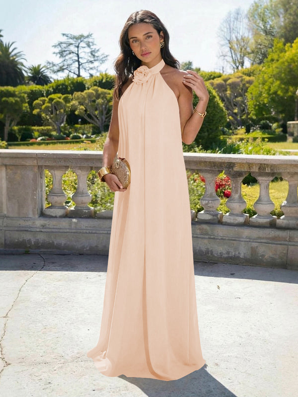 Chiffon Halter Long Backless Bridesmaid Dresses