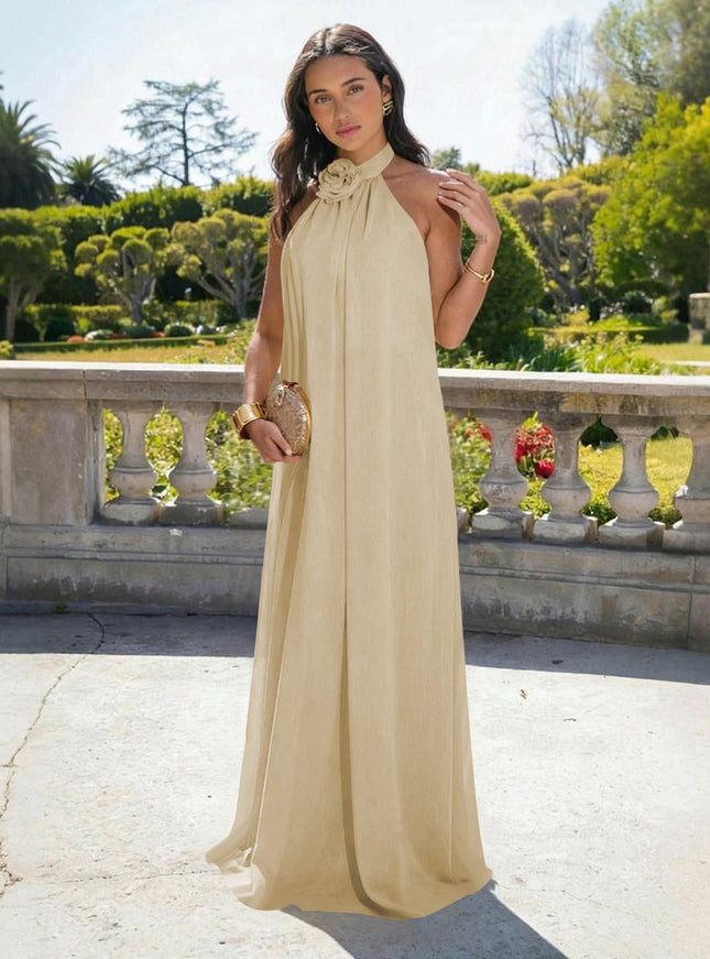 Chiffon Halter Long Backless Bridesmaid Dresses