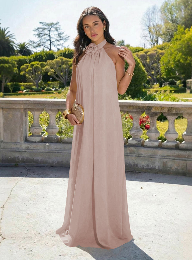 Chiffon Halter Long Backless Bridesmaid Dresses