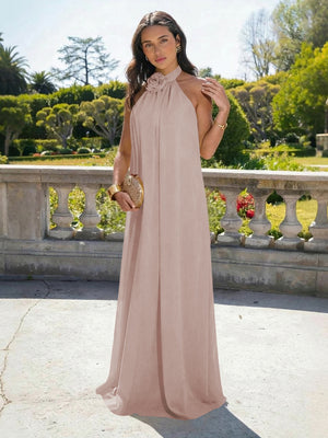 Chiffon Halter Long Backless Bridesmaid Dresses
