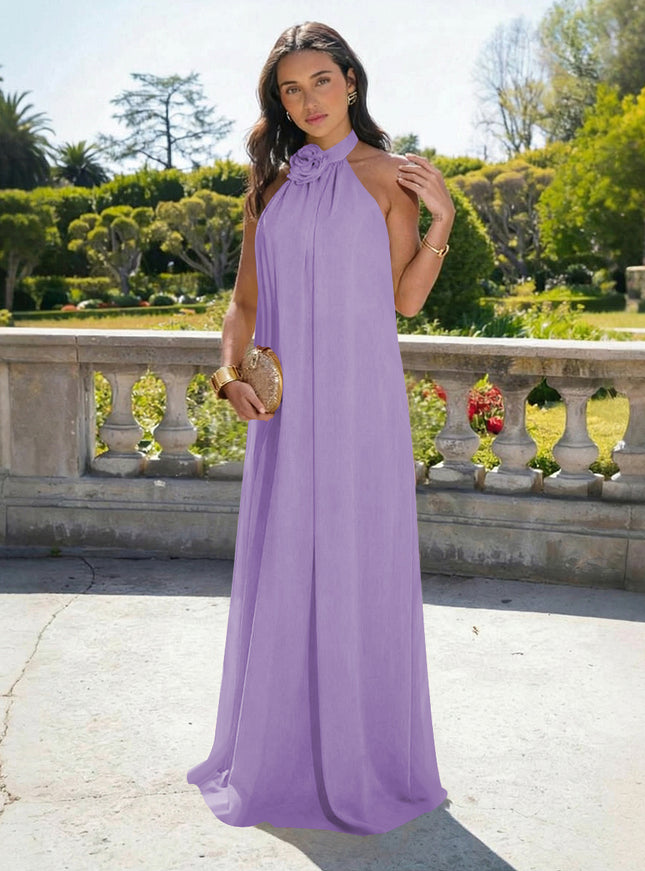 Chiffon Halter Long Backless Bridesmaid Dresses