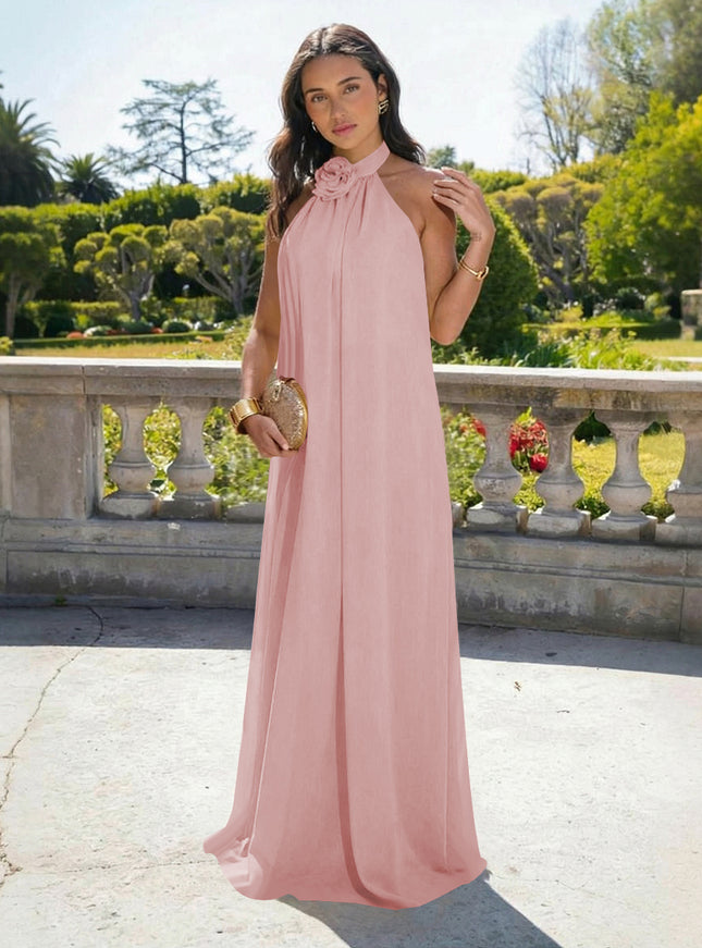Chiffon Halter Long Backless Bridesmaid Dresses