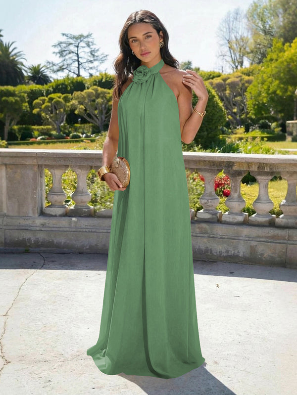 Chiffon Halter Long Backless Bridesmaid Dresses