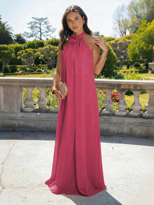 Chiffon Halter Long Backless Bridesmaid Dresses