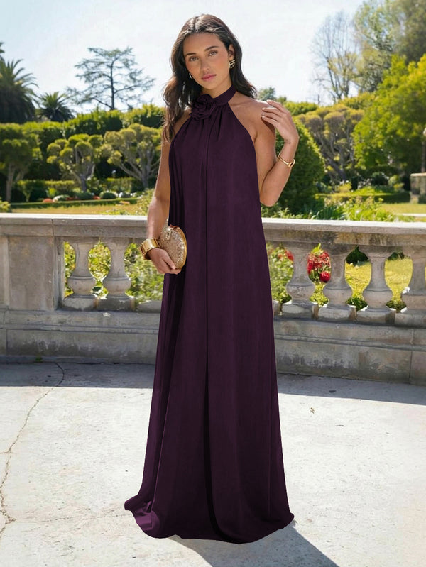 Chiffon Halter Long Backless Bridesmaid Dresses