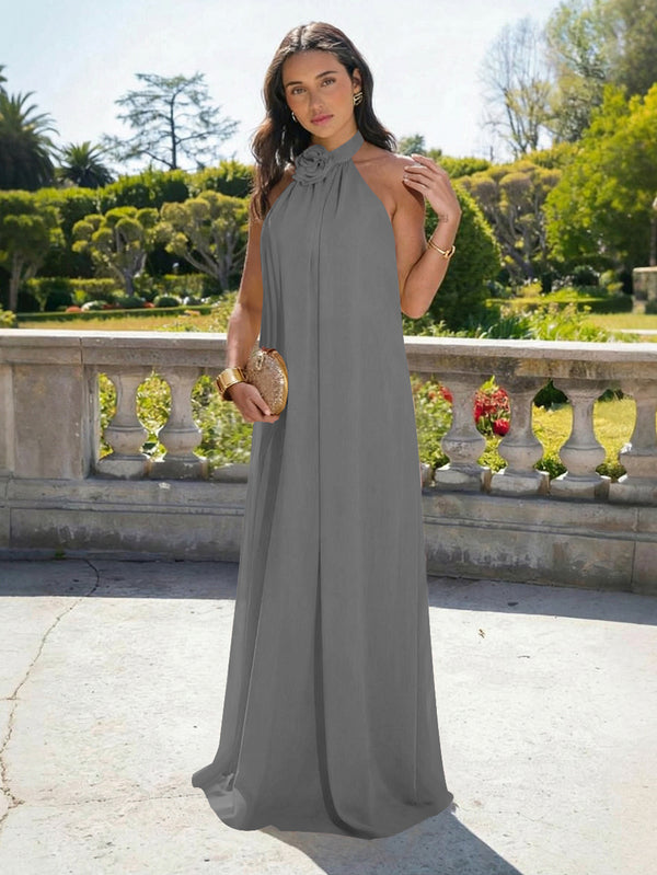 Chiffon Halter Long Backless Bridesmaid Dresses