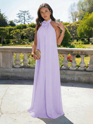 Chiffon Halter Long Backless Bridesmaid Dresses