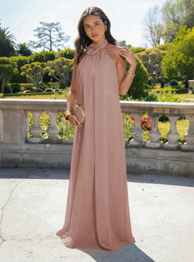 Chiffon Halter Long Backless Bridesmaid Dresses