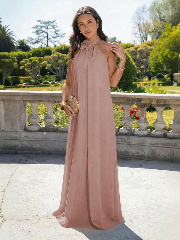 Chiffon Halter Long Backless Bridesmaid Dresses