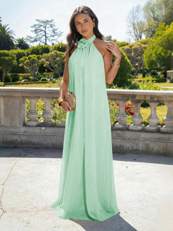 Chiffon Halter Long Backless Bridesmaid Dresses