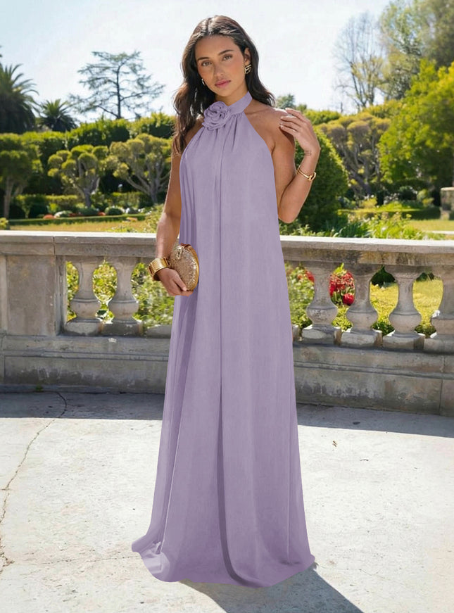 Chiffon Halter Long Backless Bridesmaid Dresses
