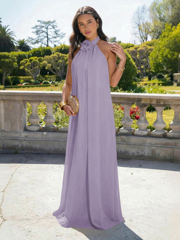 Chiffon Halter Long Backless Bridesmaid Dresses