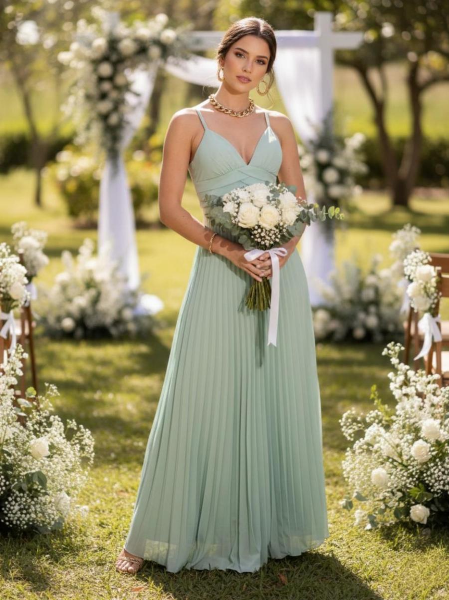 Spaghetti Straps Chiffon Pleated Maxi Bridesmaid Dresses