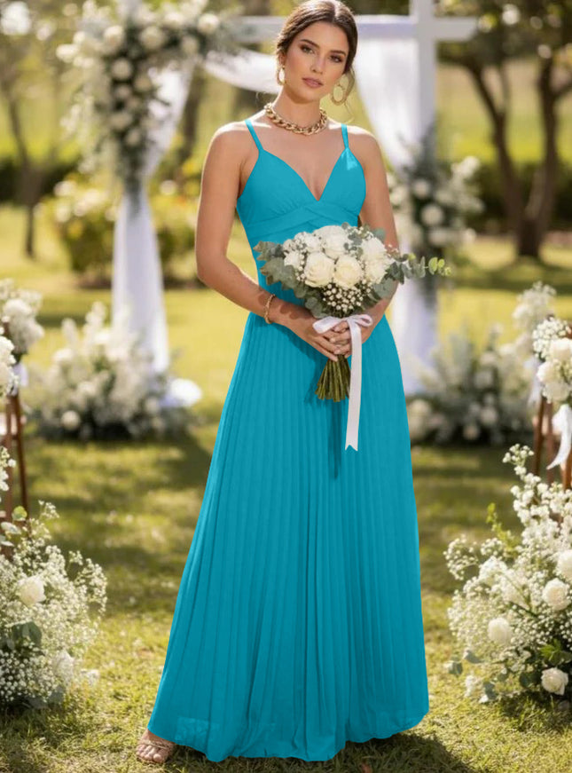 Spaghetti Straps Chiffon Pleated Maxi Bridesmaid Dresses