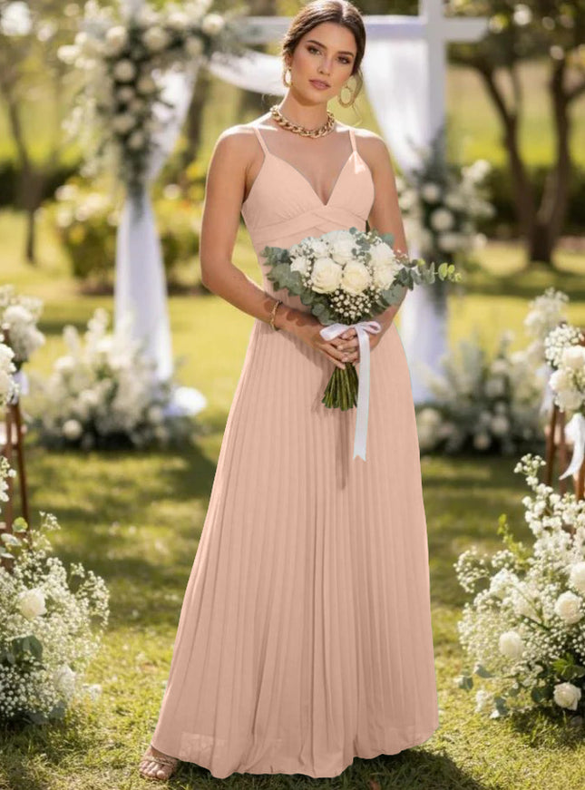 Spaghetti Straps Chiffon Pleated Maxi Bridesmaid Dresses