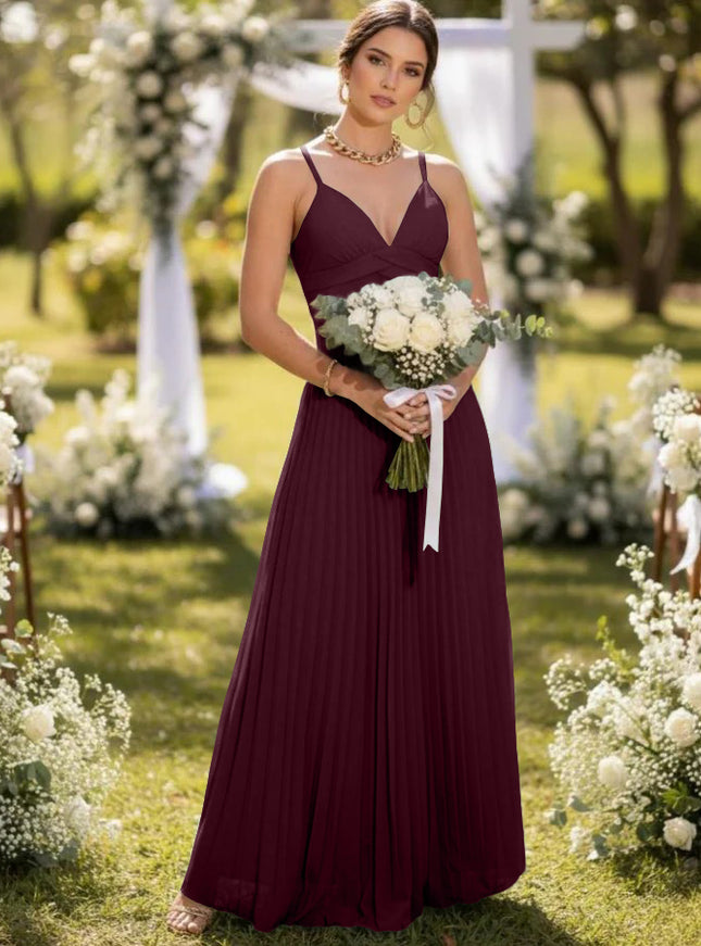 Spaghetti Straps Chiffon Pleated Maxi Bridesmaid Dresses