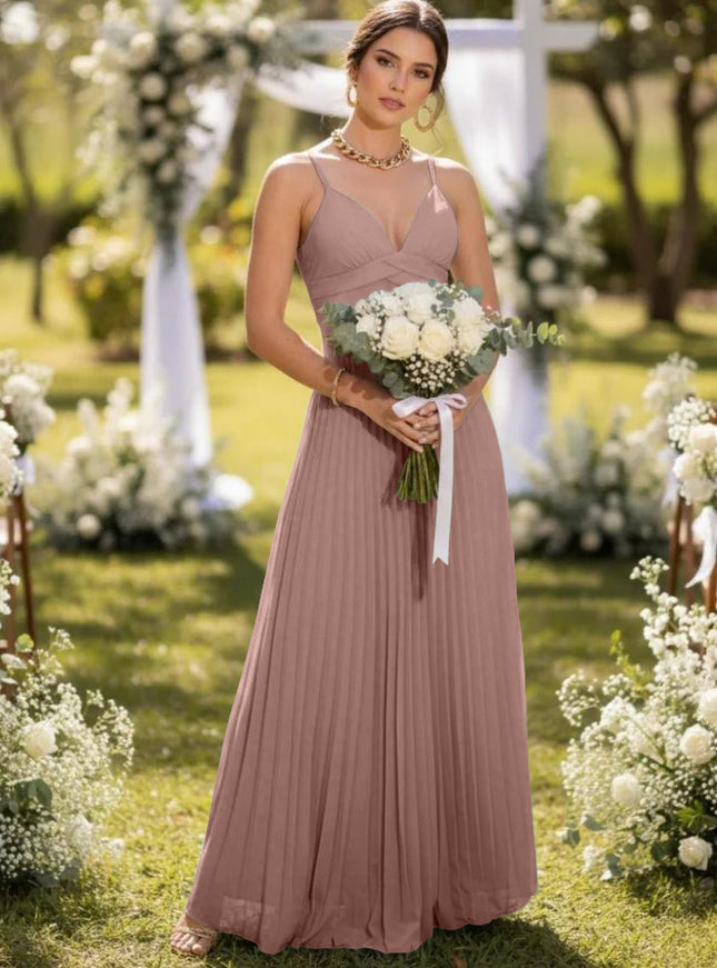 Spaghetti Straps Chiffon Pleated Maxi Bridesmaid Dresses