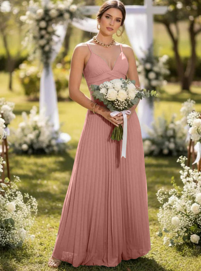 Spaghetti Straps Chiffon Pleated Maxi Bridesmaid Dresses