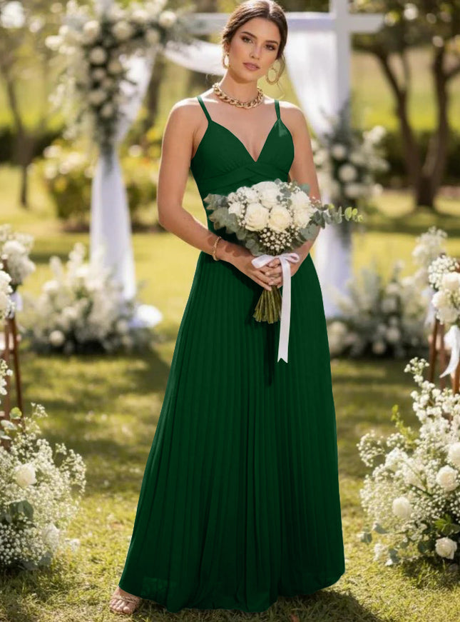 Spaghetti Straps Chiffon Pleated Maxi Bridesmaid Dresses