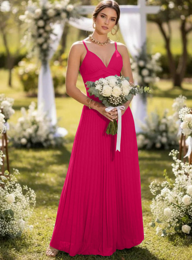 Spaghetti Straps Chiffon Pleated Maxi Bridesmaid Dresses