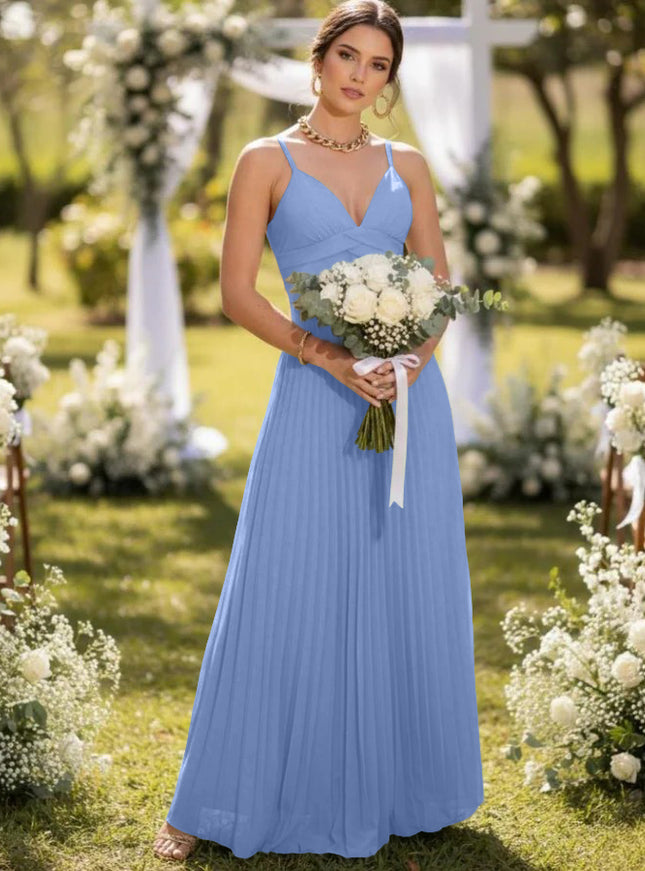 Spaghetti Straps Chiffon Pleated Maxi Bridesmaid Dresses