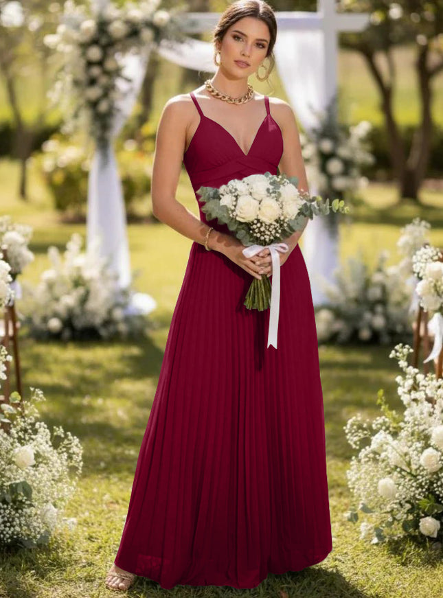 Spaghetti Straps Chiffon Pleated Maxi Bridesmaid Dresses