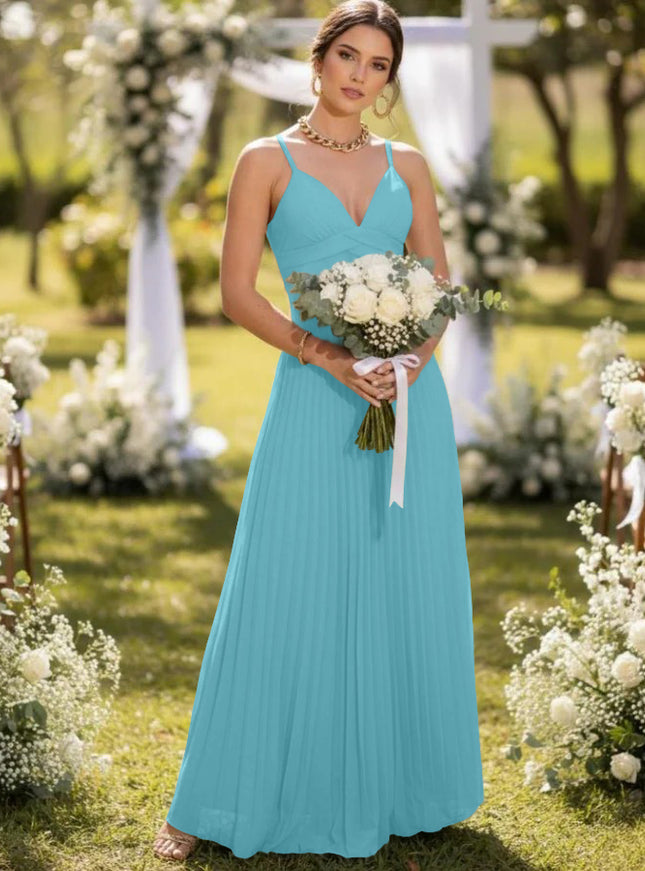 Spaghetti Straps Chiffon Pleated Maxi Bridesmaid Dresses