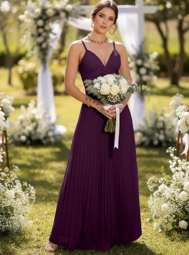 Spaghetti Straps Chiffon Pleated Maxi Bridesmaid Dresses