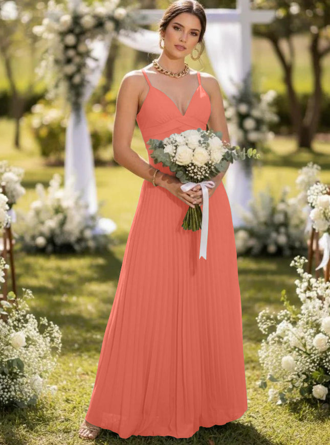 Spaghetti Straps Chiffon Pleated Maxi Bridesmaid Dresses