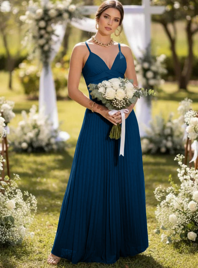 Spaghetti Straps Chiffon Pleated Maxi Bridesmaid Dresses