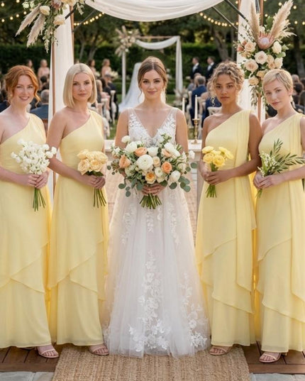 One Shoulder Chiffon Pleated Long Bridesmaid Dresses